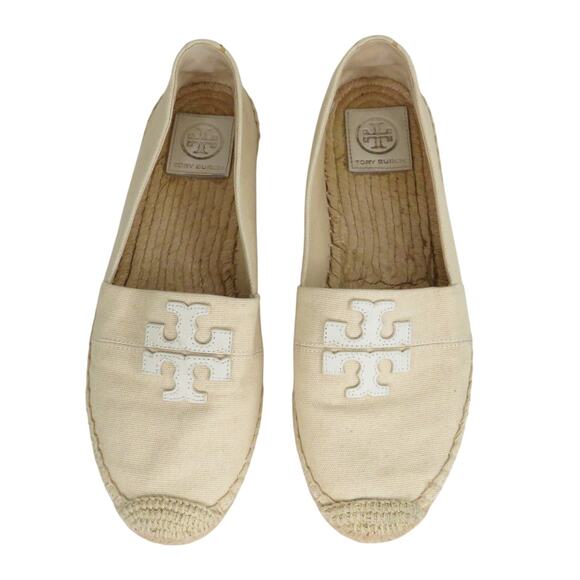 Tory Burch Weston Espadrille Flats Size 8.5 Cream Beige Natural Logo Flats - Picture 2 of 10